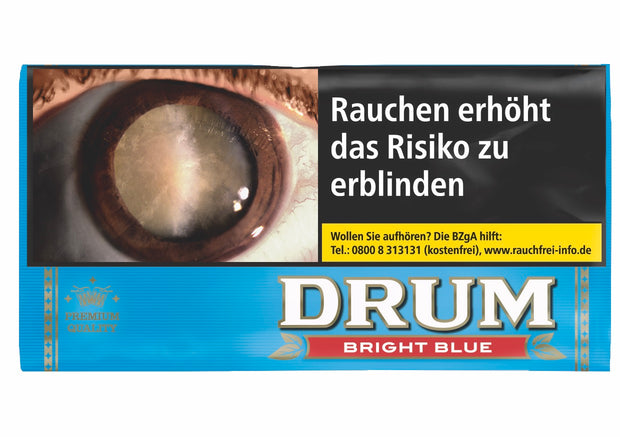 Drum Bright Blue Drehtabak 30g Pouch mit hellblauem Design auf weißem Hintergrund