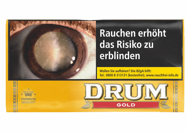 Drum Gold Drehtabak 30g Pouch mit gelbem Design auf weißem Hintergrund