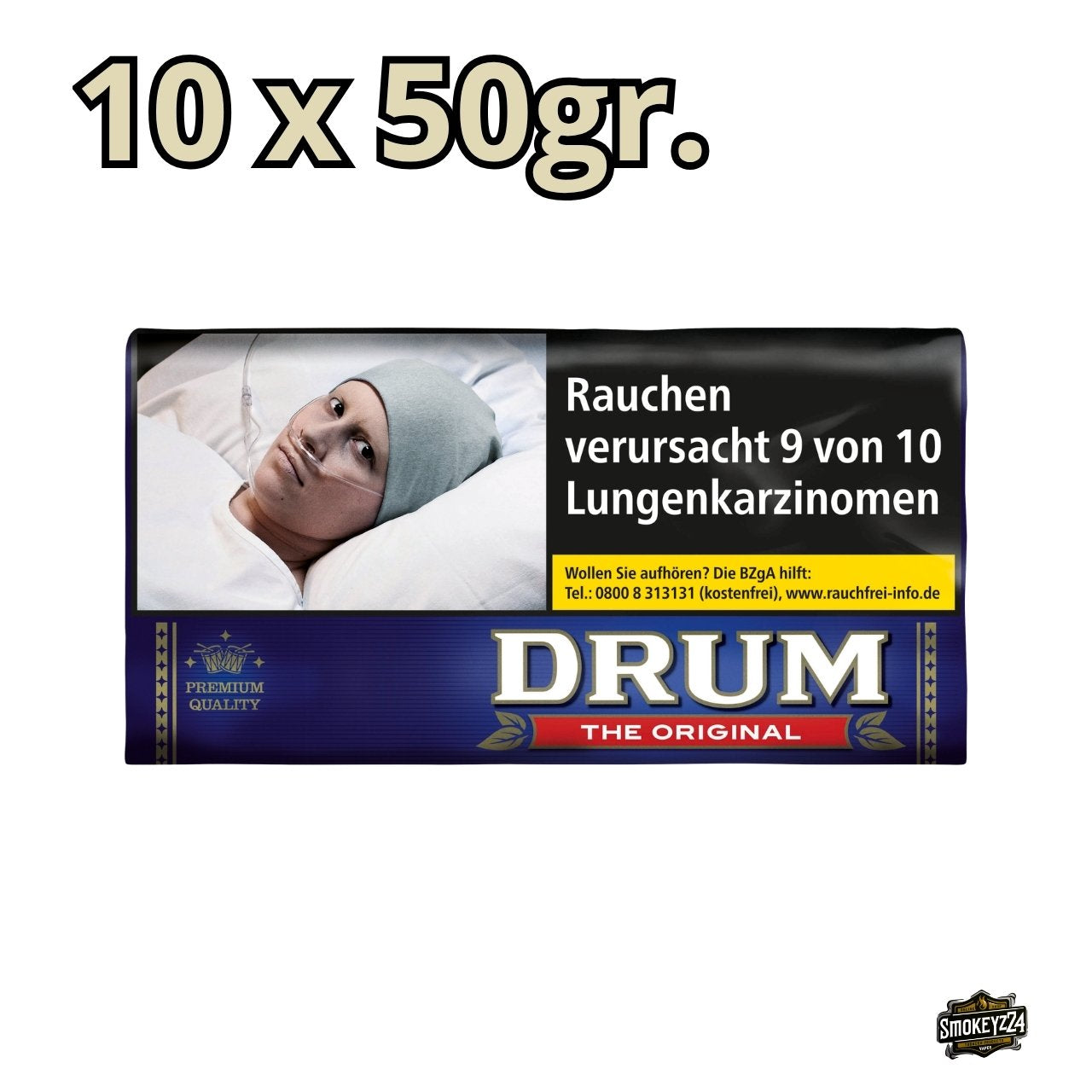 Drum Original Drehtabak 10x50g Pouch Vorratspackung frontal vor hellem Hintergrund