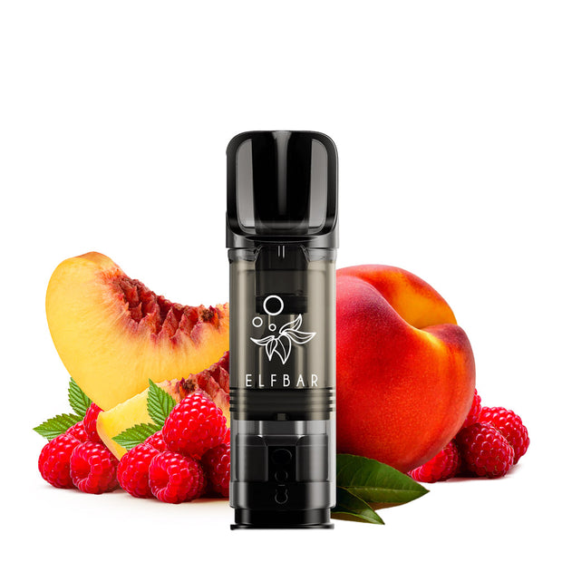 Elfbar ELFA Raspberry Peach Pods mit Himbeeren und Pfirsich als Geschmacksmotiv