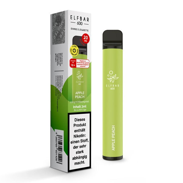 ELFBAR V1 600 Apple Peach – Verpackung und Einweg E-Zigarette mit 20mg Nikotin