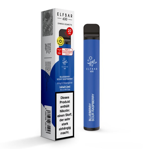 Elfbar V1 600 Blueberry Sour Raspberry 20mg – Vape neben Verpackung, fruchtiger Geschmack mit Blaubeere und Himbeere