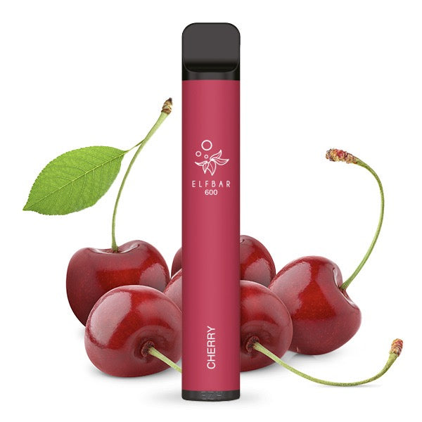 Einweg-Vape Elfbar V1 600 Cherry, frische Kirschen als Hintergrundmotiv für den süßen Fruchtgeschmack.