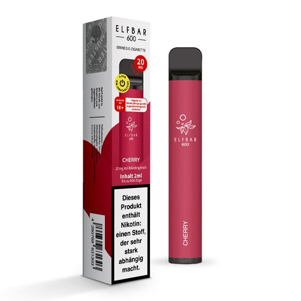 Elfbar V1 600 Cherry 20mg – Einweg-Vape mit intensivem Kirschgeschmack, abgebildet mit Verpackung