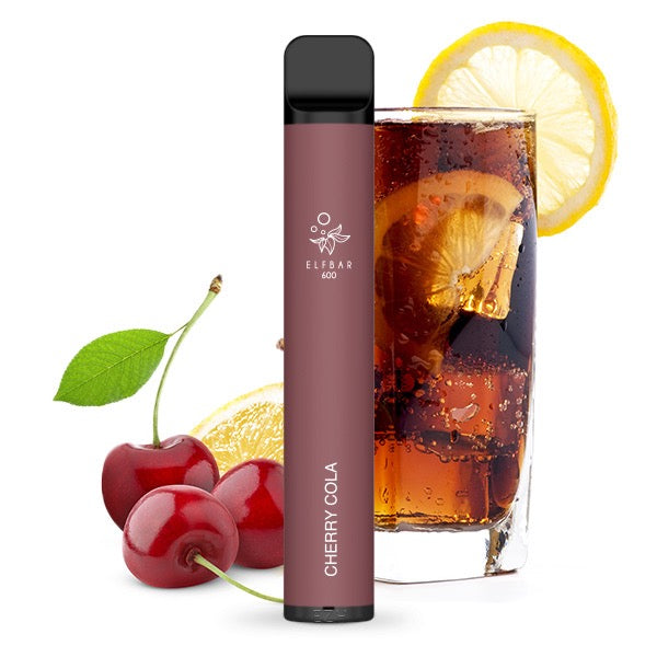 Elfbar V1 600 Cherry Cola, frische Kirschen und Cola als Hintergrundmotiv für den süß-spritzigen Geschmack