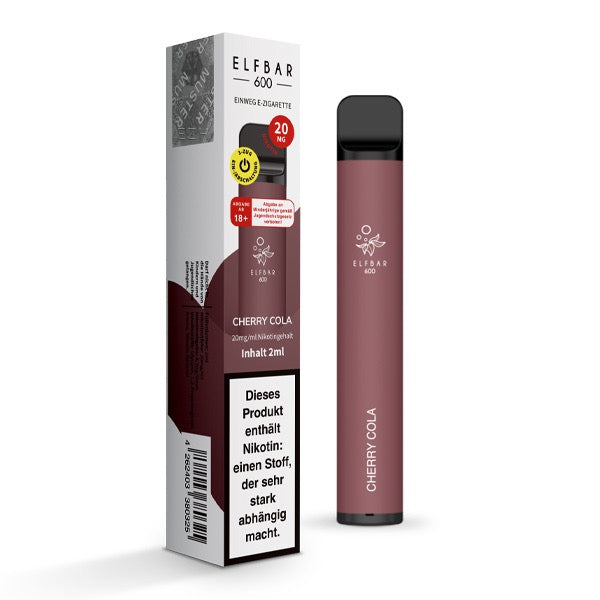 Elfbar V1 600 Cherry Cola 20mg – Einweg-Vape mit Kirsch-Cola Geschmack, abgebildet mit Verpackung