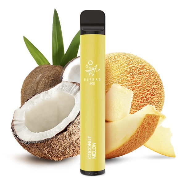 Elfbar V1 600 Coconut Melon, exotische Kokosnuss & saftige Melone als Hintergrundmotiv für den frischen Geschmack.