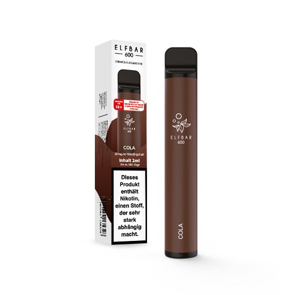 Elfbar V1 600 Cola 20mg – Einweg-Vape mit intensivem Cola-Geschmack, abgebildet mit Verpackung.