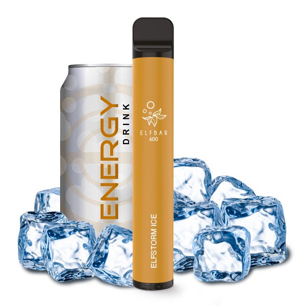 Elfbar V1 600 Elfstorm Ice – spritziger Energy-Drink mit eisiger Frische, dargestellt mit Energy-Drink im Hintergrund.