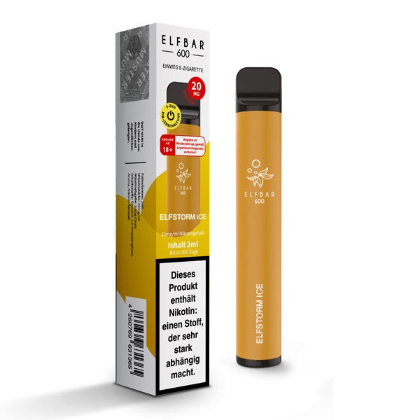 Elfbar V1 600 Elfstorm Ice 20mg – Einweg-Vape mit Energy-Drink-Geschmack, abgebildet mit Verpackung