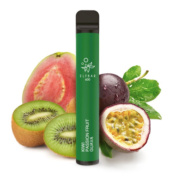 Elfbar V1 600 – fruchtige Kombination aus Kiwi, Passionsfrucht und Guave als erfrischendes Dampferlebnis, mit Früchten im Hintergrund.