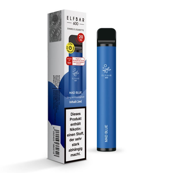Elfbar V1 600 Mad Blue 20mg – fruchtige Beerenfusion als Einweg-Vape mit Verpackung.