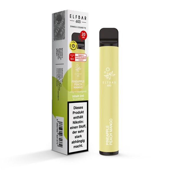 Elfbar V1 600 Pineapple Peach Mango 20mg – Einweg-Vape mit tropischem Fruchtmix und Verpackung.