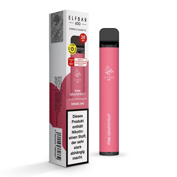 Elfbar V1 600 Pink Grapefruit 20mg – Einweg-Vape mit intensivem Zitrusgeschmack und Verpackung.