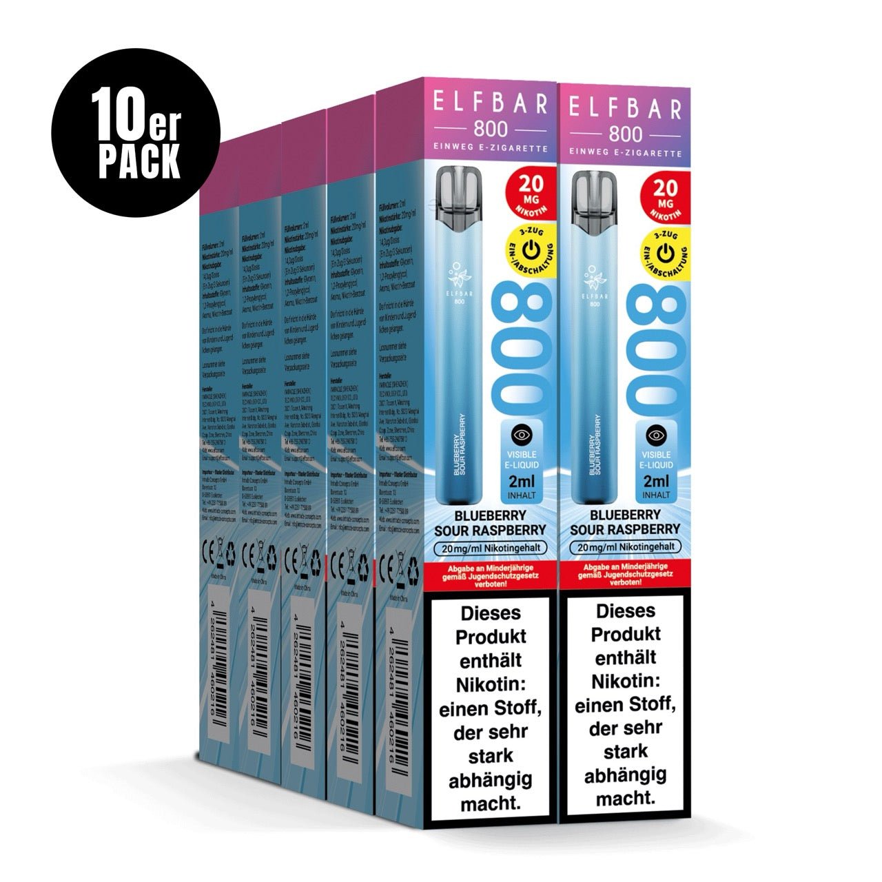 Elfbar 800 Blueberry Sour Raspberry 20mg 10er Sparpaket, zehn Einweg E-Zigaretten Verpackungen, Blaubeere Himbeere, Smokeyz24.de