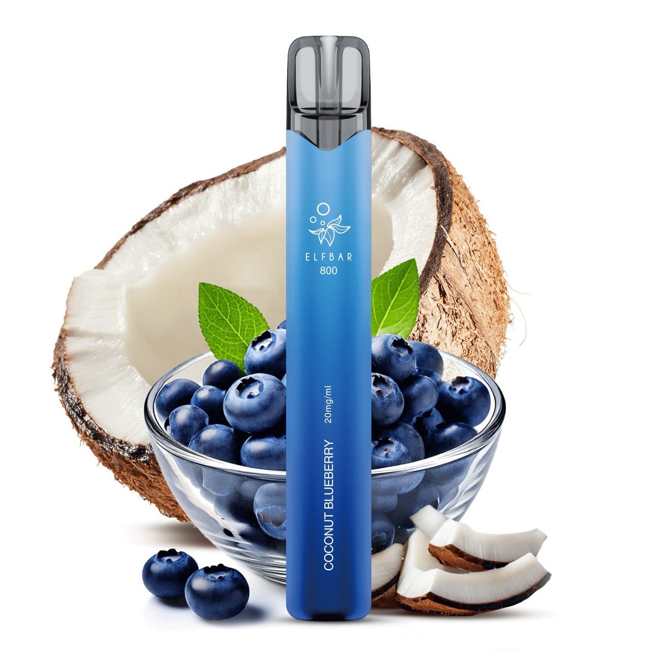 Elfbar 800 Coconut Blueberry 20mg vor Kokos-Blaubeer-Hintergrund, exotische Einweg E-Zigarette, Smokeyz24.de