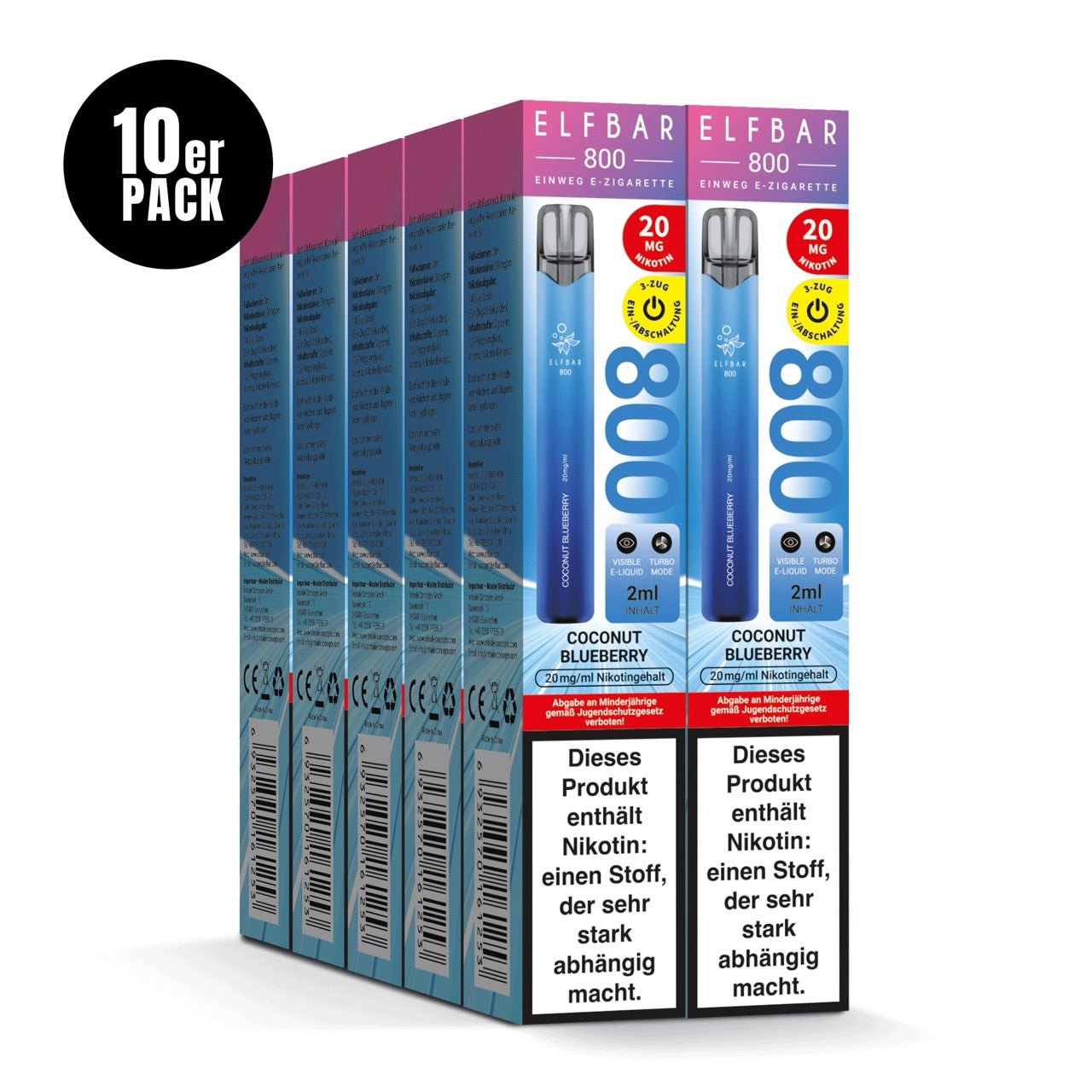 Elfbar 800 Coconut Blueberry 20mg 10er Sparpaket, zehn Einweg E-Zigaretten Verpackungen, Kokos Blaubeere, Smokeyz24.de