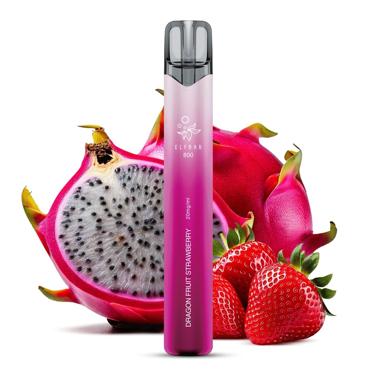 Elfbar 800 Dragon Fruit Strawberry 20mg vor Drachenfrucht-Erdbeer-Hintergrund, exotische Einweg E-Zigarette, Smokeyz24.de