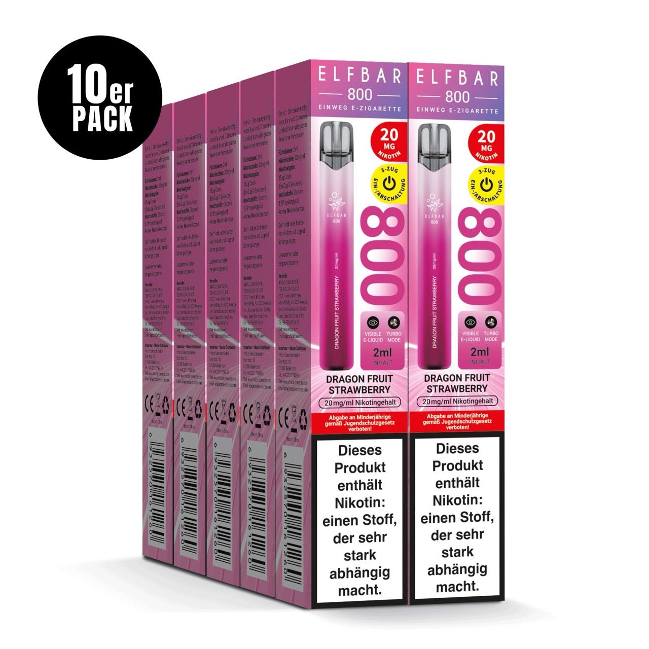 Elfbar 800 Dragon Fruit Strawberry 20mg 10er Sparpaket, zehn Einweg E-Zigaretten Verpackungen, Drachenfrucht Erdbeere, Smokeyz24.de