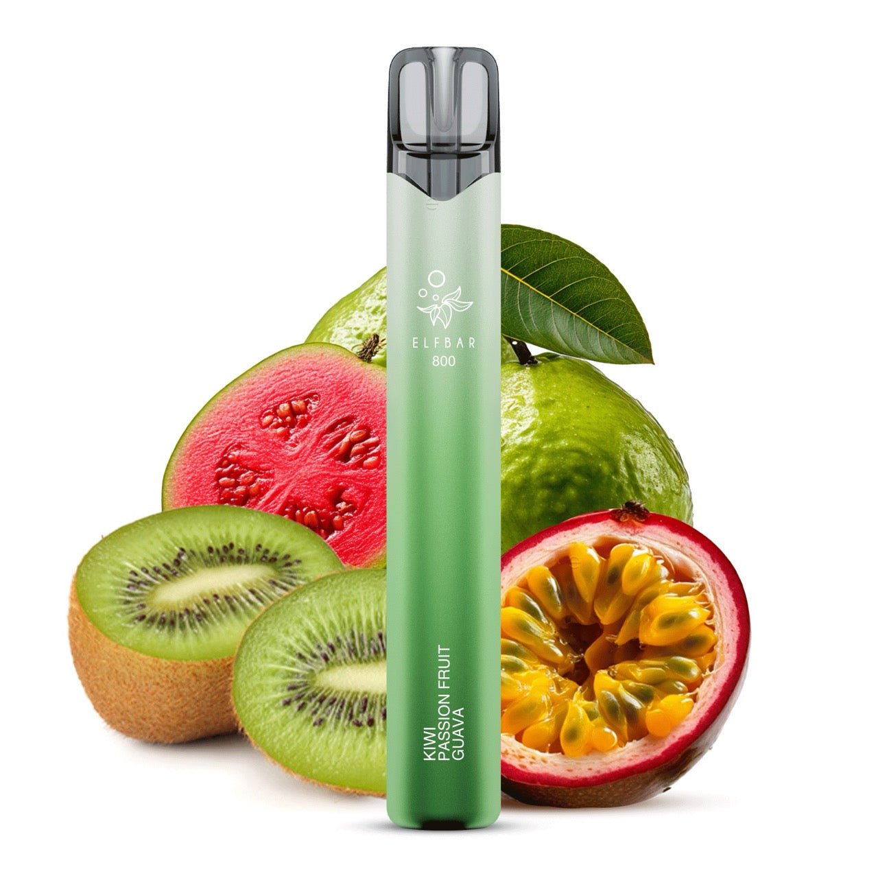 Elfbar 800 Kiwi Passion Fruit Guava 20mg vor Kiwi-Passionsfrucht-Guave-Hintergrund, exotische Einweg E-Zigarette, Smokeyz24.de