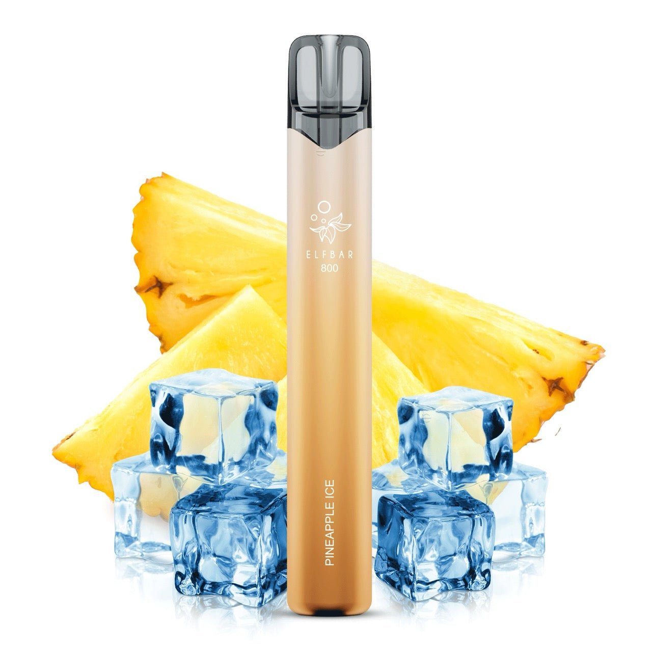 Elfbar 800 Pineapple Ice 20mg vor Ananas-Eis-Hintergrund, tropisch-frische Einweg E-Zigarette, Smokeyz24.de