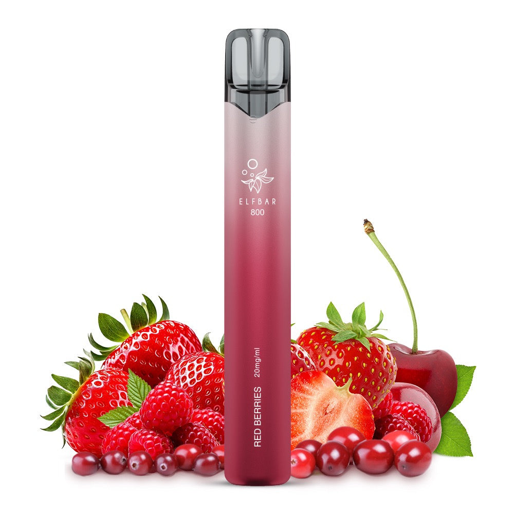 Elfbar 800 Red Berries 20mg Einweg Vape mit roten Beeren im Hintergrund