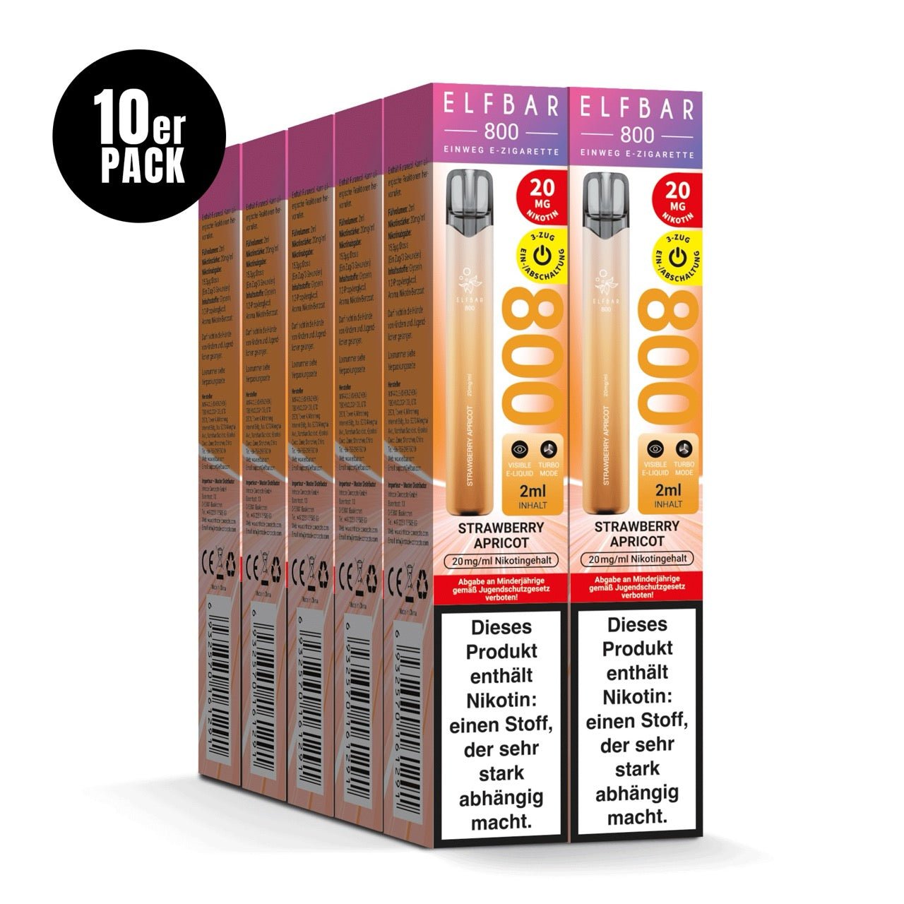 Elfbar 800 Strawberry Apricot 20mg 10er Sparpaket, zehn Einweg E-Zigaretten Verpackungen, Erdbeere Aprikose, Smokeyz24.de