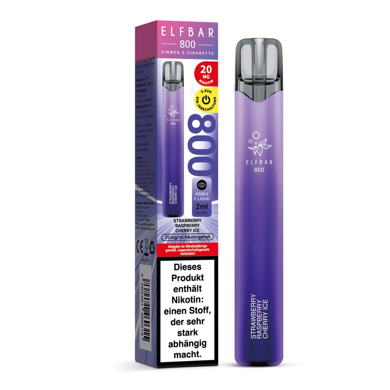 Elfbar 800 Strawberry Raspberry Cherry Ice 20mg mit Verpackung, Einweg E-Zigarette Erdbeere Himbeere Kirsche Ice, Smokeyz24.de