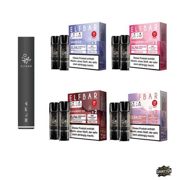 Elfbar ELFA Akku Bundle mit Grape Ice, Strawberry Ice, Blackberry Ice und Peach Ice Pods
