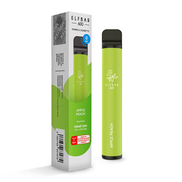 Elfbar 600 Apple Peach E-Zigarette stehend neben Verpackung