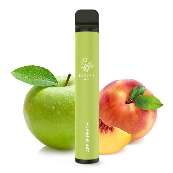 Elfbar 600 Apple Peach nikotinfrei vor Apfel- und Pfirsichfrüchten