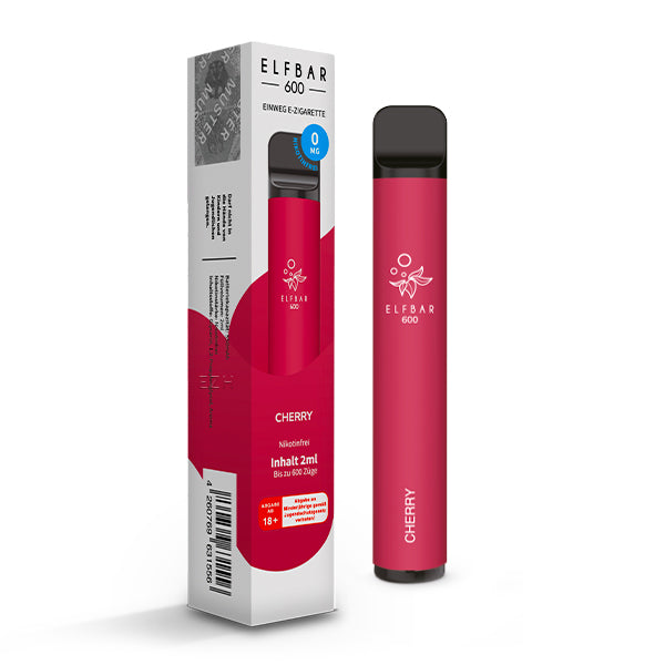 Elfbar 600 nikotinfrei Cherry Vape neben Verpackung stehend