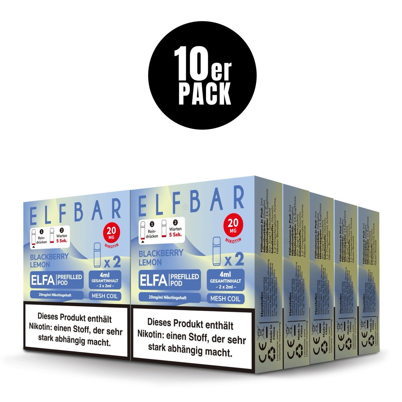 Elfbar ELFA Pods Blackberry Lemon 20mg 10x Sparpaket, zehn 2er Packungen, Einweg Pods für ELFA System, Smokeyz24.de