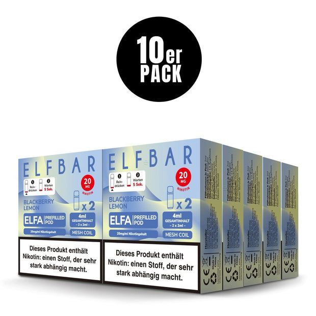 Elfbar ELFA Pods Blackberry Lemon 20mg 10x Sparpaket, zehn 2er Packungen, Einweg Pods für ELFA System, Smokeyz24.de