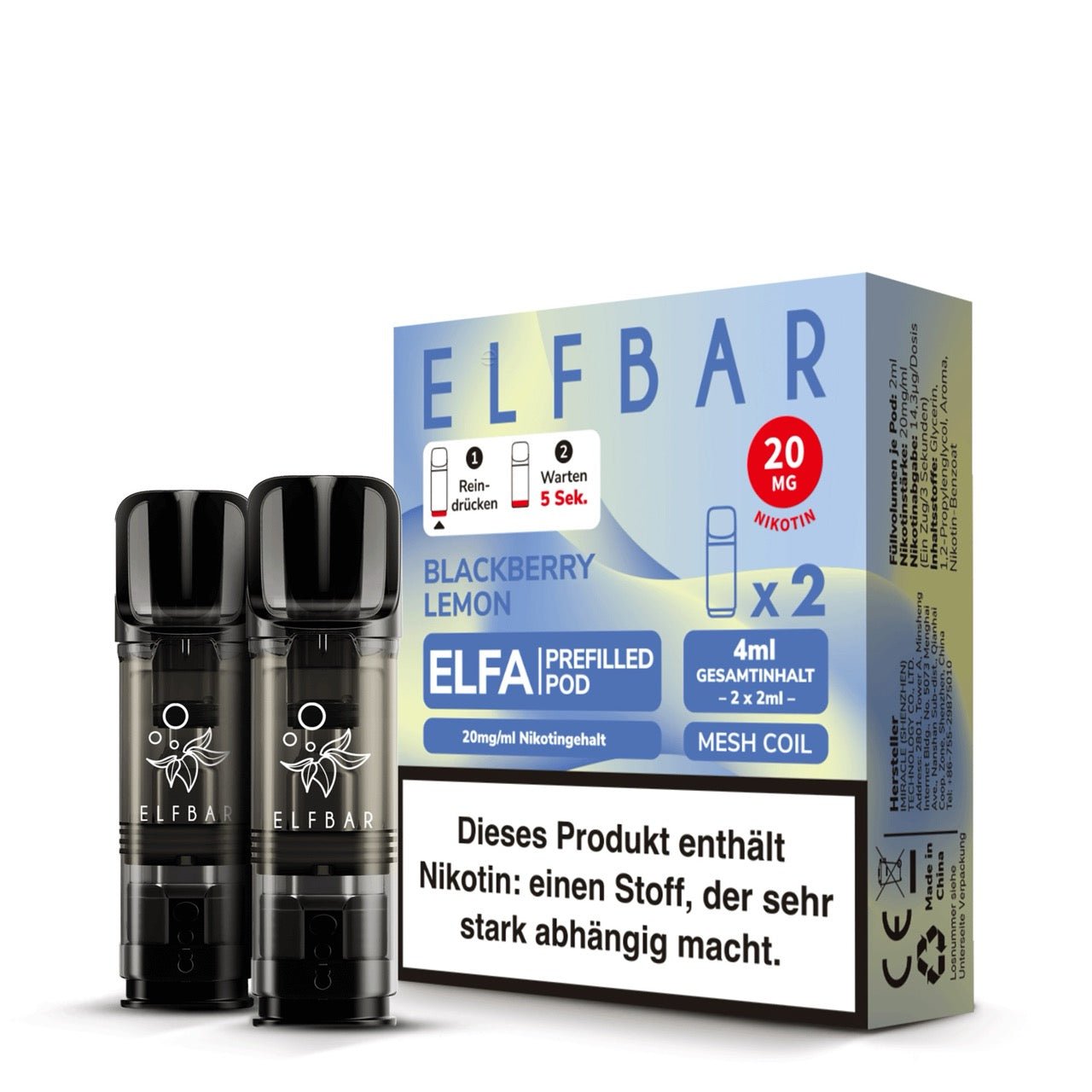 Elfbar ELFA Pods Blackberry Lemon 20mg, 2er Packung mit zwei Pods, Einweg Pods für ELFA System, Smokeyz24.de