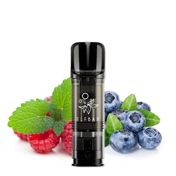 Elfbar ELFA Pod Blueberry Sour Raspberry 20mg vor Blueberry-Sour-Raspberry-Hintergrund, fruchtig-säuerliche Nikotinsalz Pods, Smokeyz24.de
