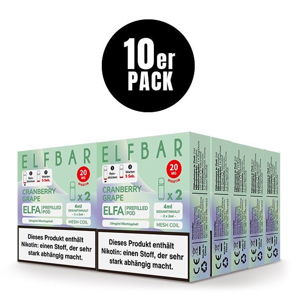 Elfbar ELFA Pods Cranberry Grape 20mg 10x Sparpaket, zehn 2er Packungen, Cranberry Traube Pods für Elfa System, Smokeyz24.de