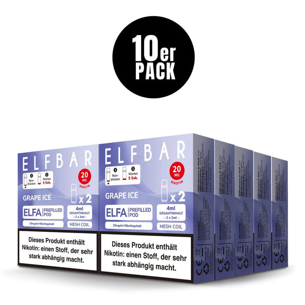 Elfbar ELFA Pods Grape Ice 20mg 10x Sparpaket, zehn 2er Packungen, Einweg Pods für ELFA System, Smokeyz24.de