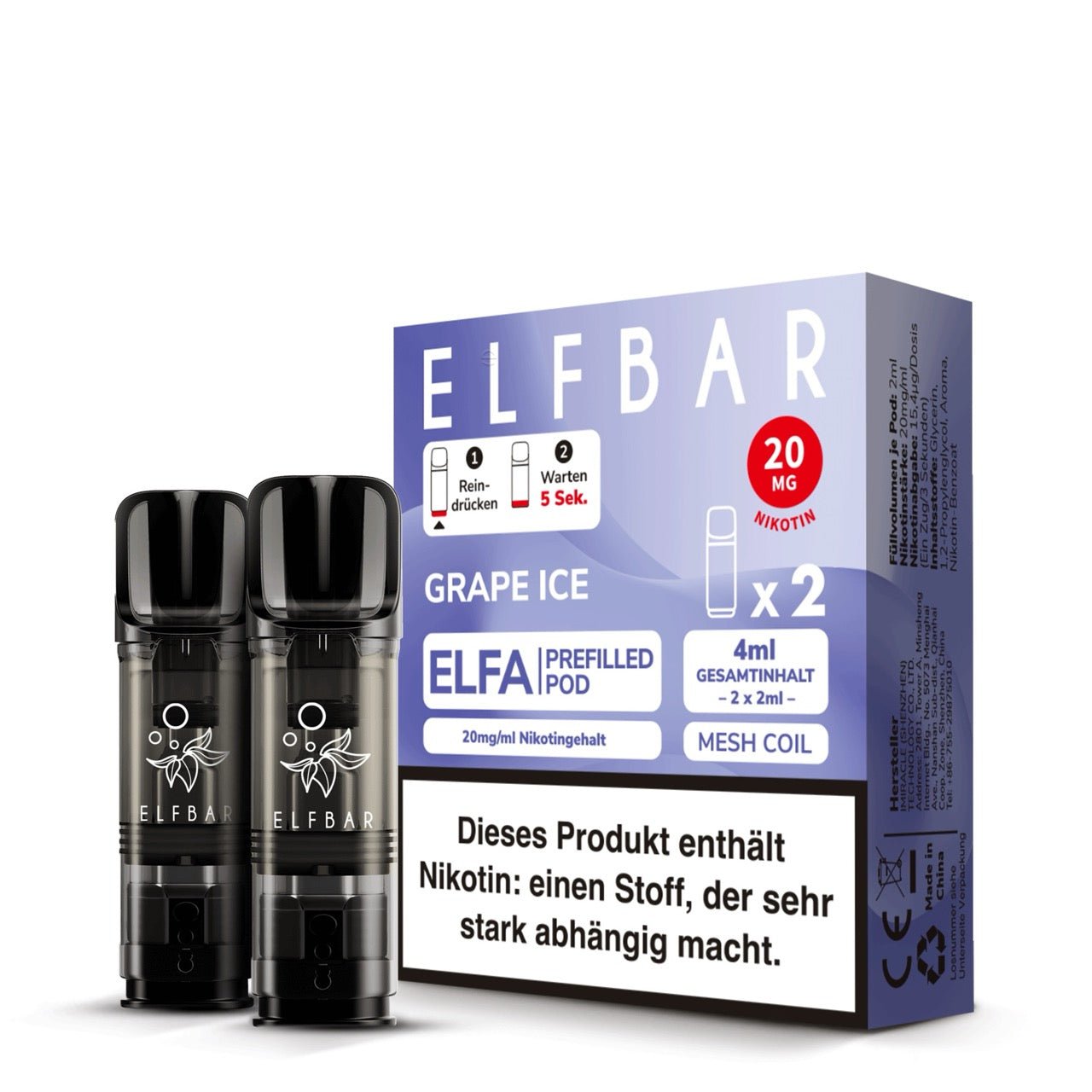 Elfbar ELFA Pods Grape Ice 20mg, 2er Packung mit zwei Pods, Einweg Pods für ELFA System, Smokeyz24.de