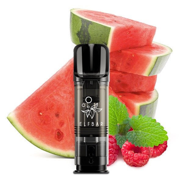 Elfbar ELFA Pod Raspberry Watermelon 20mg vor Himbeere-Wassermelonen-Hintergrund, fruchtige Nikotinsalz Pods, Smokeyz24.de
