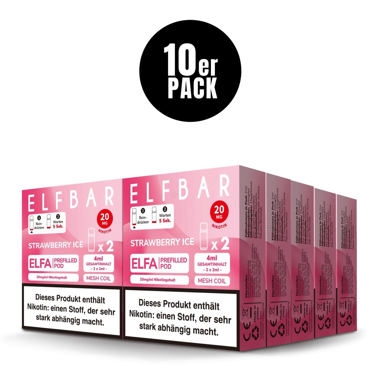 Elfbar ELFA Pods Strawberry Ice 20mg 10x Sparpaket, zehn 2er Packungen, Erdbeer Pods für ELFA System, Smokeyz24.de