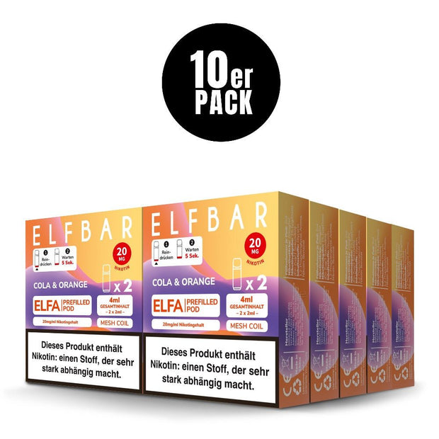 Elfbar ELFA Pods Cola & Orange 20 mg – Karton mit 10 Einzelpackungen.