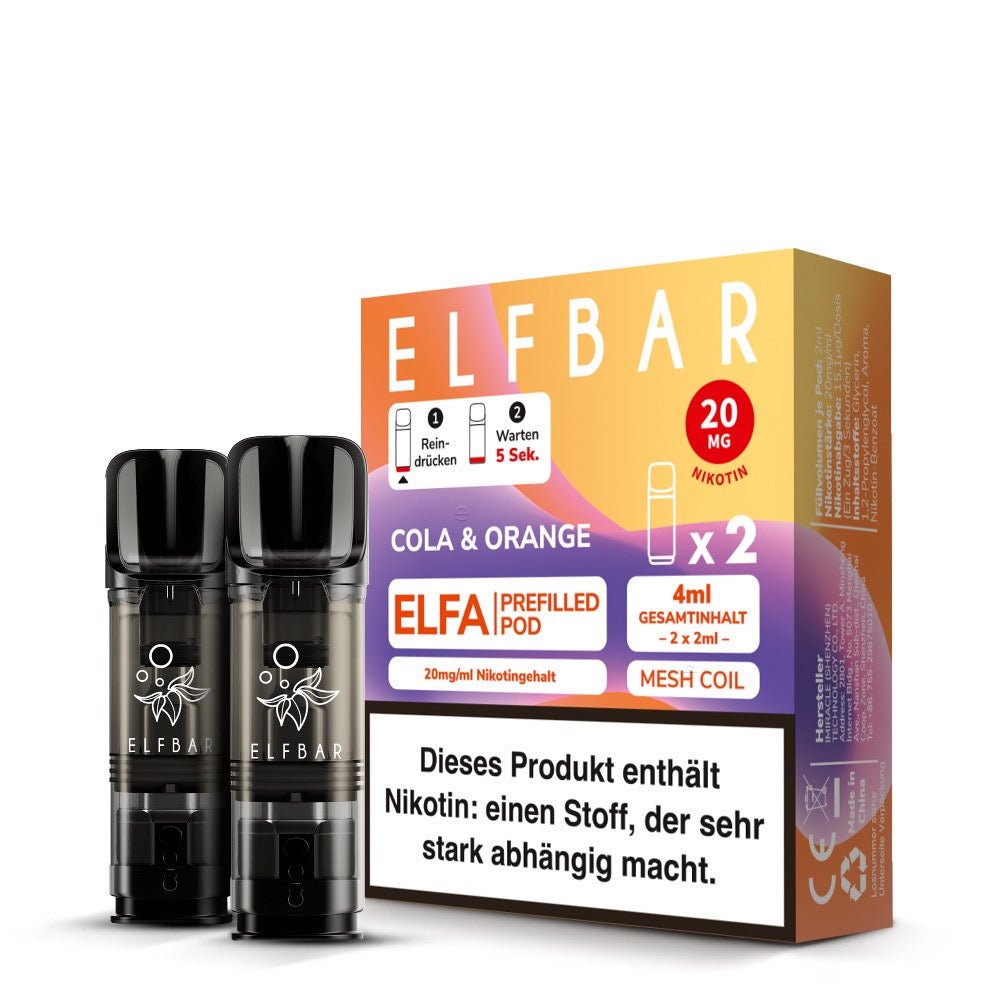 Elfbar ELFA Pods Cola & Orange 20 mg – Packung mit zwei vorgefüllten Pods vor der Box.