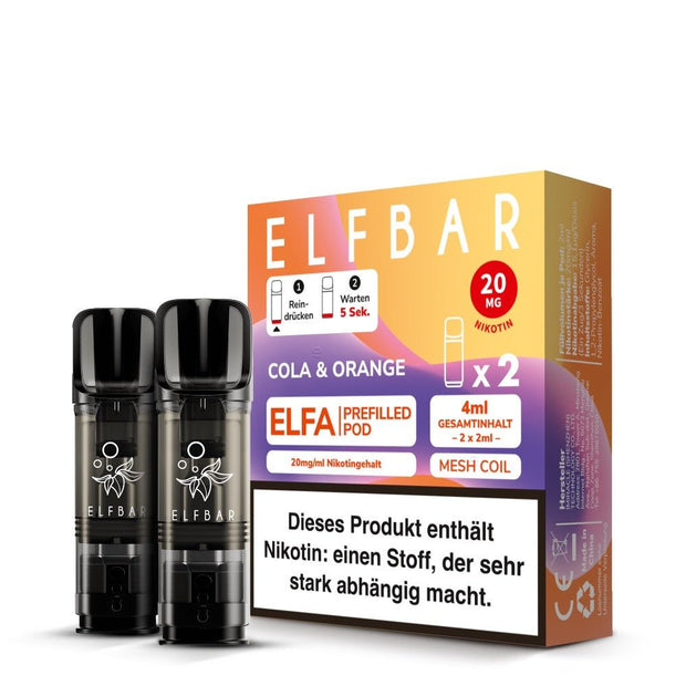 Elfbar ELFA Pods Cola & Orange 20 mg – Packung mit zwei vorgefüllten Pods vor der Box.