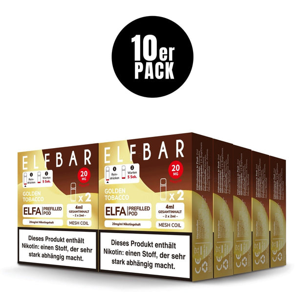 Elfbar ELFA Pods Golden Tobacco 20mg 10x Sparpaket, zehn 2er Packungen, Tabak Pods für ELFA System, Smokeyz24.de