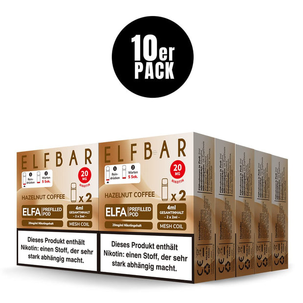 Elfbar ELFA Hazelnut Coffee 10er Pack - 10 Packungen als Vorratspaket (20mg), Verpackungen nebeneinander