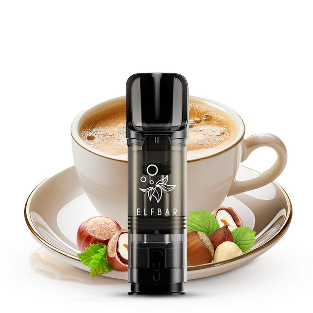 Elfbar ELFA Hazelnut Coffee Pod vor Kaffeetasse und Haselnüssen - Geschmacksmotiv