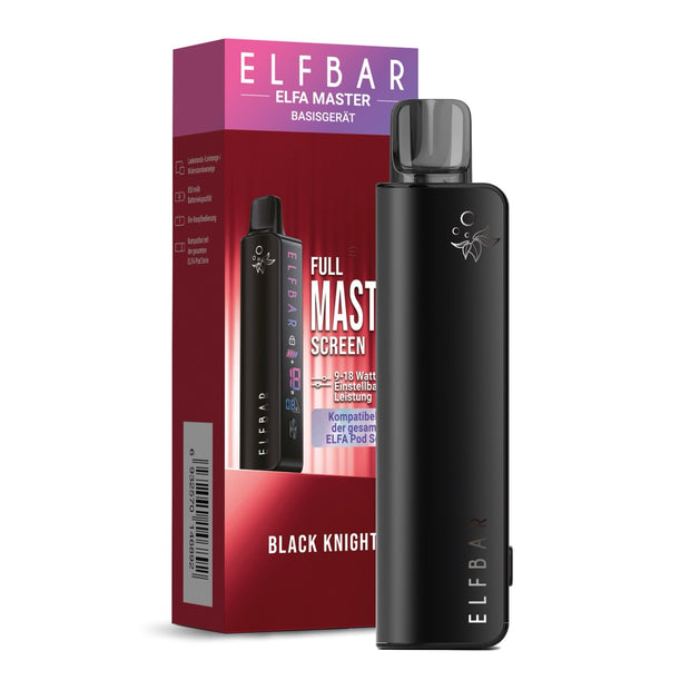 Elfbar Elfa Master Black Knight Basisgerät vor Verpackung, Farbdisplay sichtbar