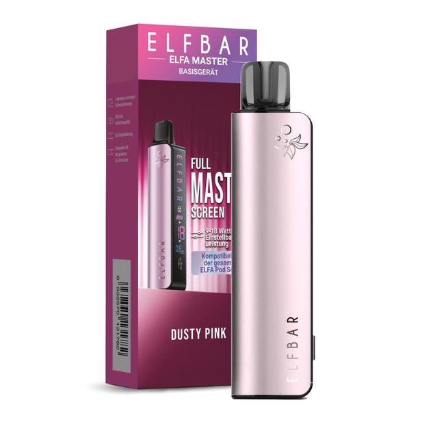 Elfbar Elfa Master Dusty Pink Basisgerät vor Verpackung, Farbdisplay sichtbar