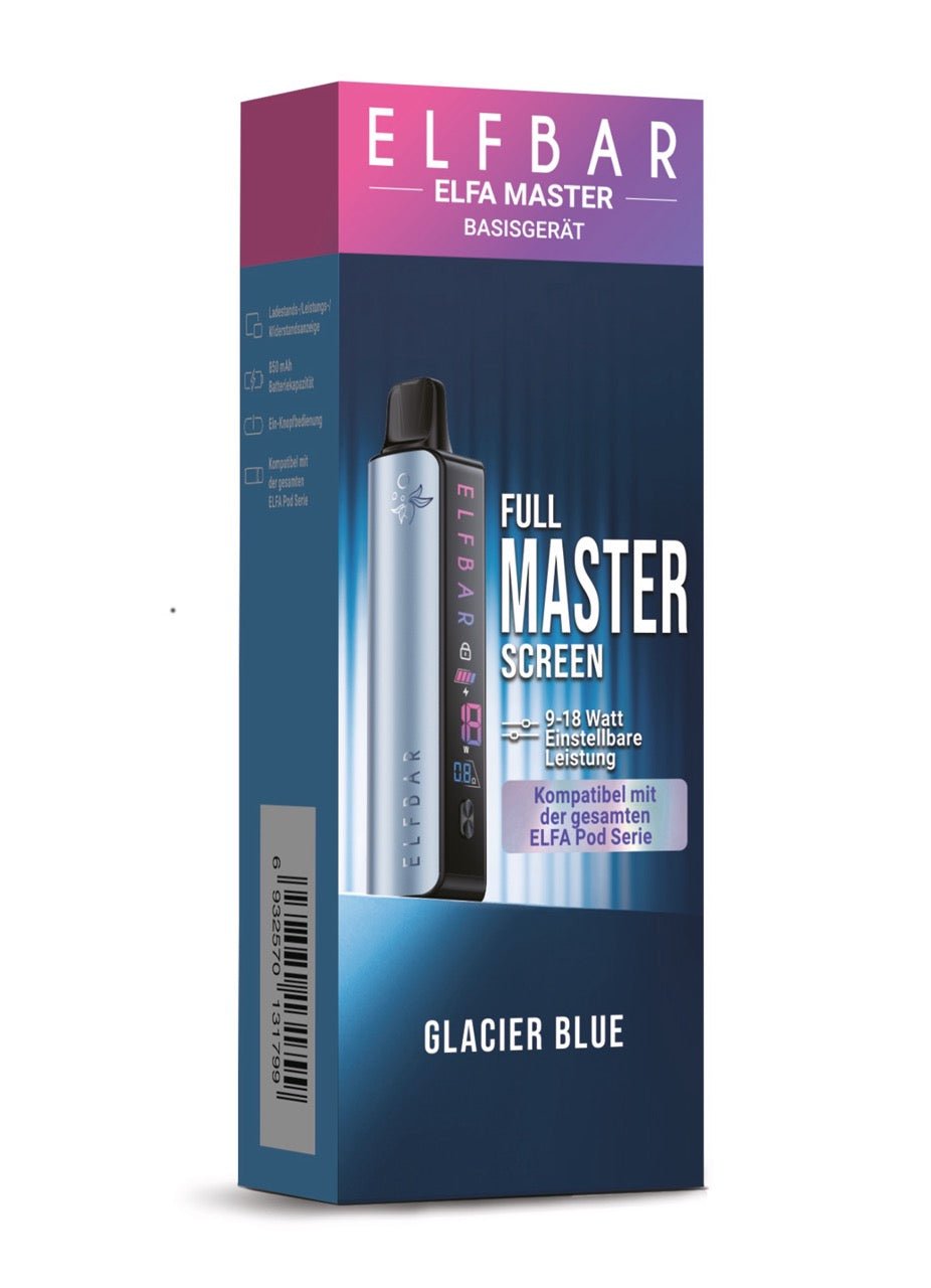 Elfbar Elfa Master Glacier Blue - Produktverpackung mit Full Master Screen Hinweis